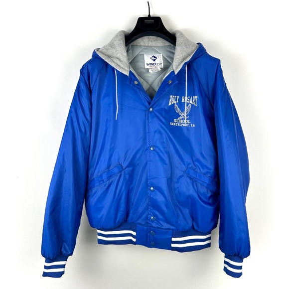 Vintage ‘Windless’ Hooded School Varsity Sporty Windbreaker Coat in Blue • M/L - Picture 1 of 9